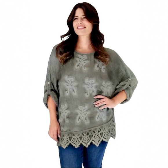 Belle France Embroidered Sequin Lace Hem Tunic Sweater Top in Sage Size L - Picture 1 of 10